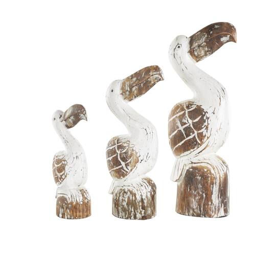 White & Brown Pelican Handmade Distressed Wooden Sculpture Set
